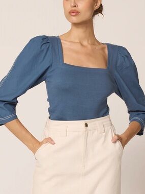 Cleobella Bluefin Sky Top – Square Neck Puff Sleeve Blouse, Blue Cotton